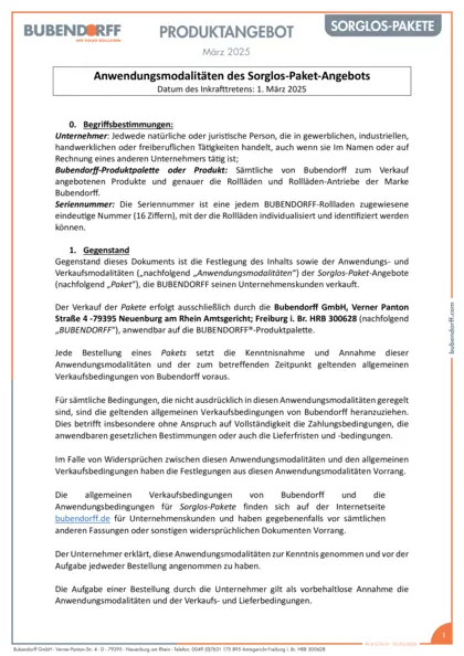 Anwendungsmodalitäten Bubendorff Sorglos-Pakete