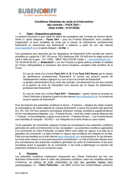 CGV et d'intervention des contrats PACK SAV 2026