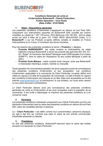 Conditions d'intervention réparation - hors pack SAV 2026