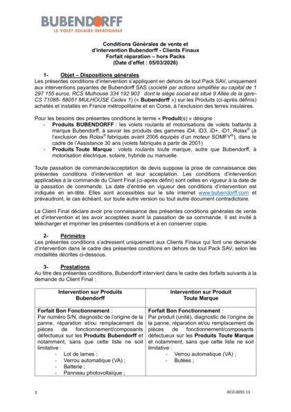 Conditions d'intervention réparation - hors pack SAV 2026